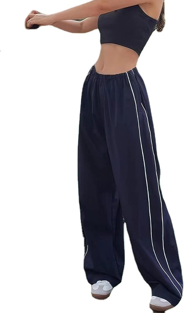 XPONNI Track Women Baggy Y2k Parachute Pants for Women Y2K Clothing(Navy, S, Small)