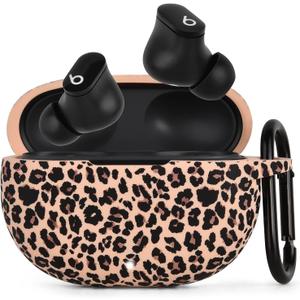 AIRSPO Case for Beats Studio Buds/Beats Studio Buds Plus Case Cover 2021/2023 Silicone Floral Printed Protective Beats Studio Buds Earbuds Headphones Case Cover Skin with Keychain (Khaki/Leopard)
