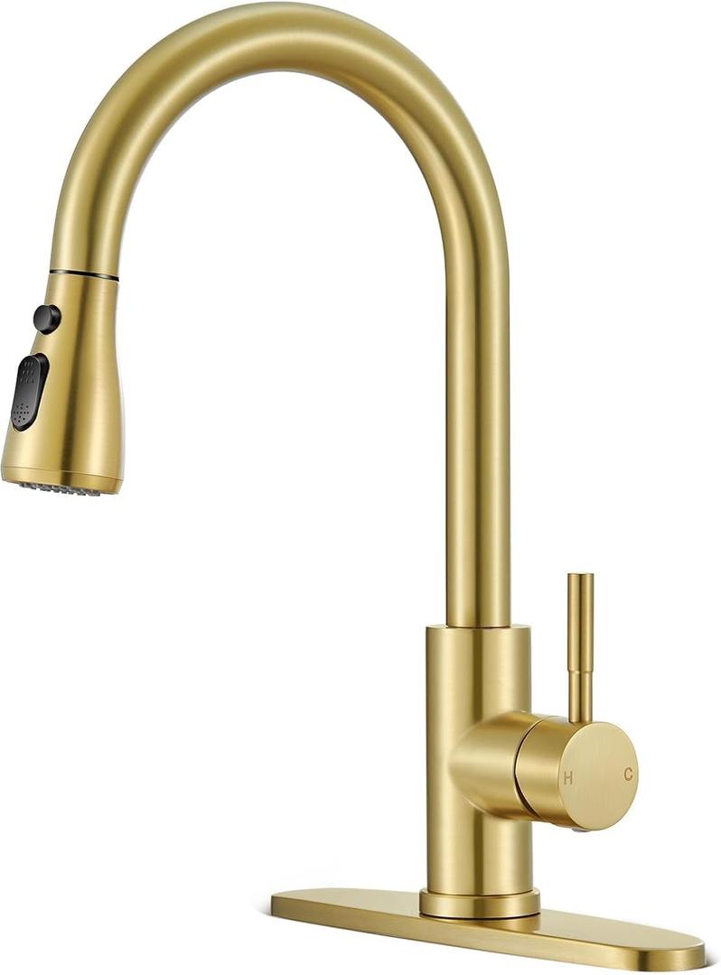 Kitchen Faucets with Pull Down Sprayer, High Arc Single Handle Stainless Steel Commercial Kitchen Faucet 1 or 3 Hole Sink Faucet for Farmhouse Camper Laundry Rv Bar, Gold