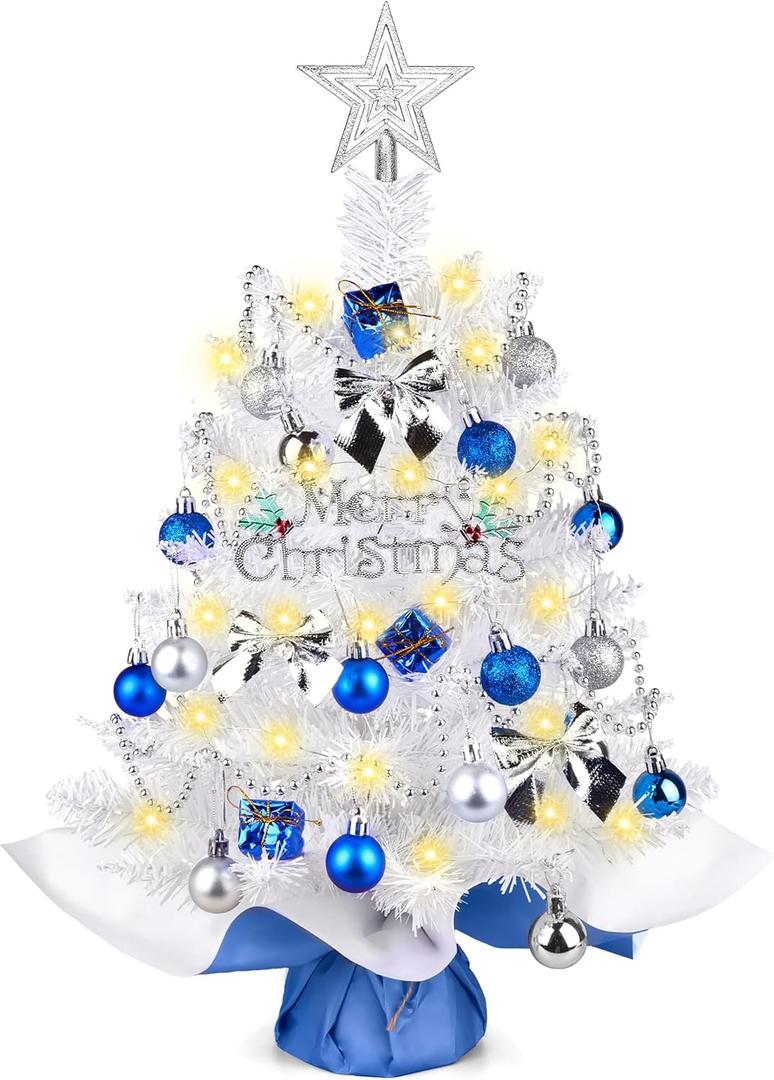 Small White Christmas Tree with Lights, 24 Inch Artificial Mini Tabletop Christmas Tree Decorations with Star Tree Topper, Balls Ornaments, Gift Pack, 30 Pcs Little Xmas Trees for Kids Room