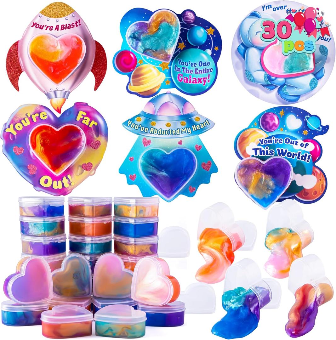 JOYIN 30 PCS Valentine Day Gift Cards with Galaxy Slime Stress Relief Fidget Toys for Kids Classroom Exchange Prizes, Valentines Party Favor