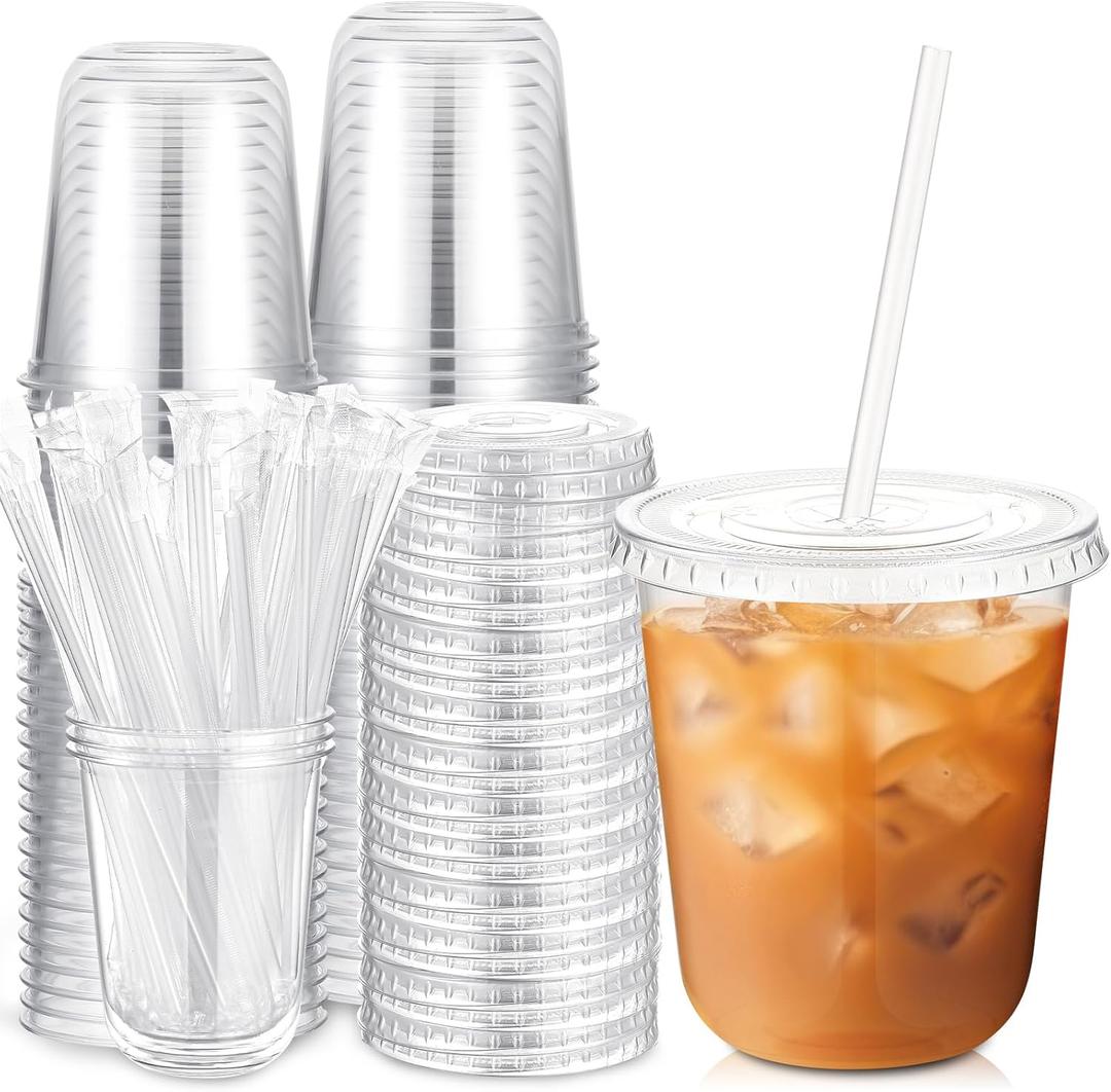 50 Sets Clear Plastic Cups with Lids and Straws, Disposable Iced Coffee Cups Drinking PET for Cold Drinks, Juice, Smoothie, Coffee Shops, Party, Christmas (14 oz, Clear)