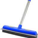 57" Rubber Broom for Pet Hair Removal, 2-in-1 Floor Brush & Squeegee, Extra Long Handle Fur Broom for Carpet, Hardwood, Tile & Windows | Pet Hair Remover with Lint Brush for Home & Auto Cleaning (Blue)