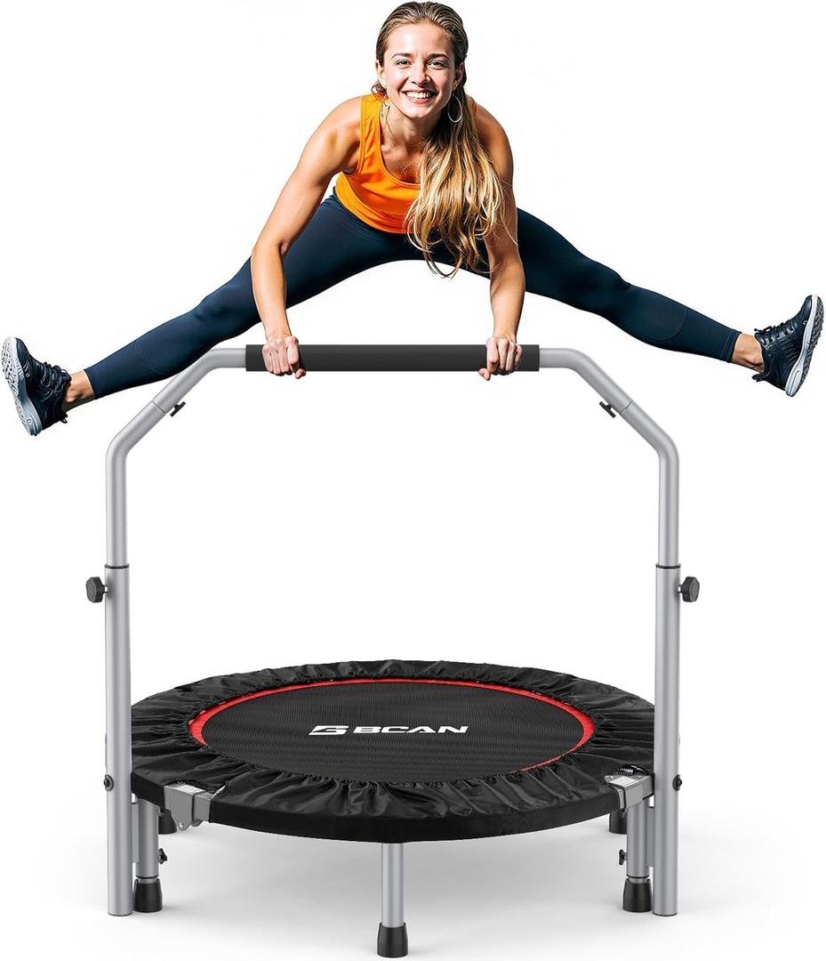 BCAN 40 Foldable Mini Trampoline Max Load 330lbs/440lbs, Fitness Rebounder with Adjustable Foam Handle, Exercise Trampoline for Adults Indoor/Garden Workout (Black)