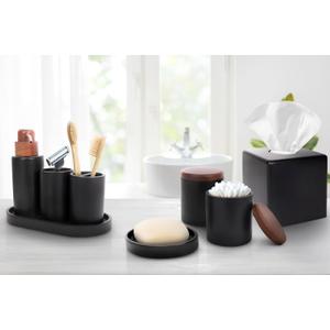 9-Piece Bathroom Accessories Set with Elegant Wood Lids Bathroom Soap Dispenser Tumbler Toothbrush Holder 2 Storage Jars Tumbler Tissue Box Cover Tray Soap Dish (Black)