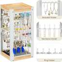 keomaisyto Earring Holder Organizer, 360 Rotating Jewelry Holder with Ring Tray/Necklace/Bracelet/Ring Hooks, White Earring stand with 4 Sides and 2 Wooden Trays for Jewelry Display (Upgraded)