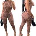 ksotutm Sexy Jumpsuit for Women Sleeveless Mesh Print Jumpsuit See Through Romper Club Outfits (Large)