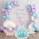 Novabright 4 Pcs Large Mermaid Birthday Decorations Mermaids Photo Booths Props Under The Sea Baby Shower Party Decoration Plastic Clam Shell, Coral, Stand Mermaid Tail Ocean Cutouts Party Decor