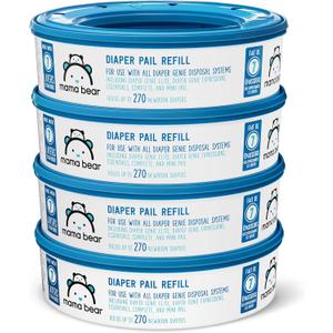 Amazon Brand - Mama Bear Diaper Pail Refills for Diaper Genie Pails, Unscented, 1080 Count (4 Packs of 270 Count) (270 Count (Pack of 4))