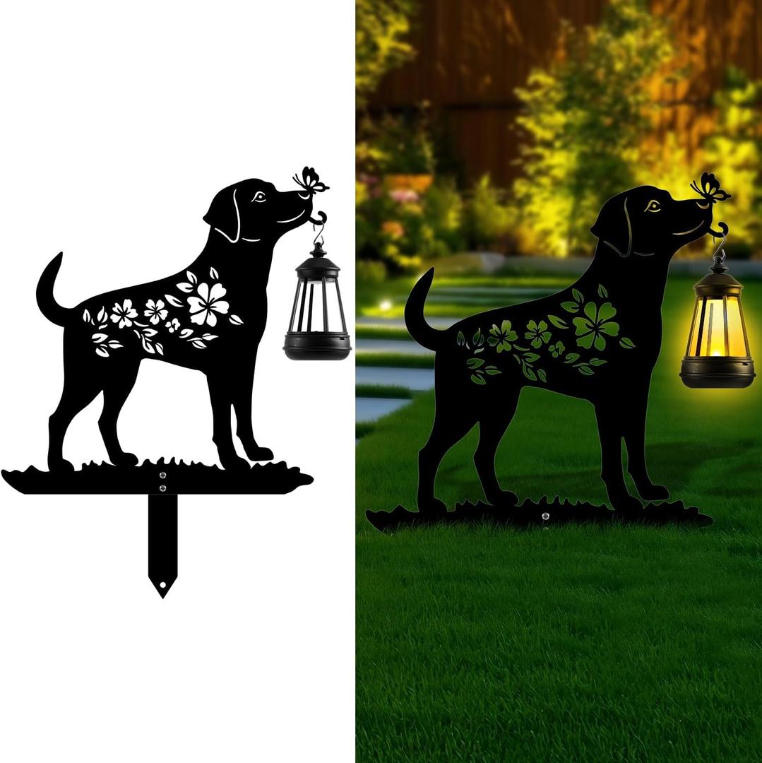 Tfro & Cile Dog Solar Light Outdoor Garden Lantern Stake Decorative Black Ornament with Butterfly Silhouette Decoration for Yard Lawn Patio