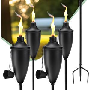 4 Pack Garden Torches for Outside, 22 oz Metal Citronella Torch with 3-Prong Grounded Stake, Perfect for Patio, Lawn, and Backyard Dcor (Black 4 PCs)