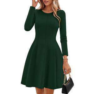 ZESICA Womens Long Sleeve Mini Dress 2026 Fall Crewneck Pleated Babydoll A Line Flowy Wedding Party Short Dresses (Green, L)