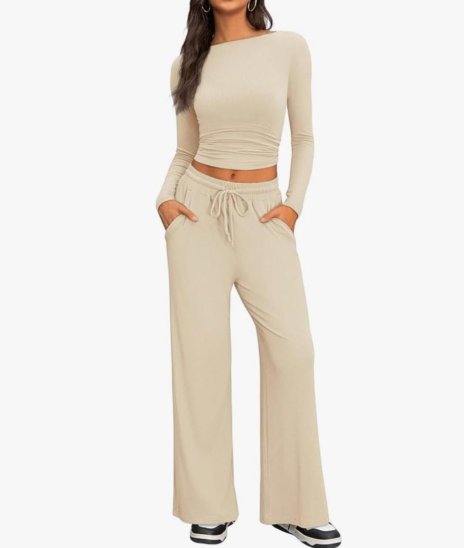 Cozy 2 Piece Lounge Sets for Women, Side Ruched Long Sleeve Top & Wide Leg Pants Casual Matching Tracksuit for Home & Travel, XLarge