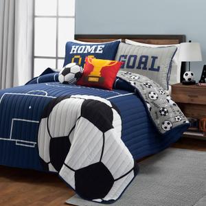 Lush Decor Soccer Game Reversible Quilt Quen Size 4 Piece Set Full/Queen Navy & Gray - Toddler Bedding Set Full Quilt - Sports Decor - Soccer Bedding