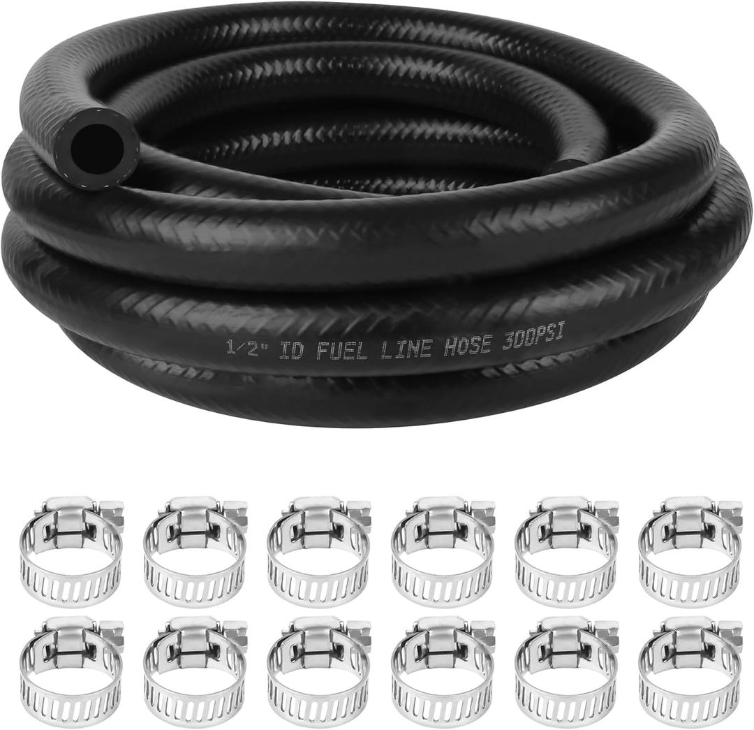 1/2 Inch (12mm) ID Fuel Line Hose 10FT NBR Rubber Push Lock Hose High Pressure 300PSI for Automotive Fuel Systems Engines with 12 Clamps
