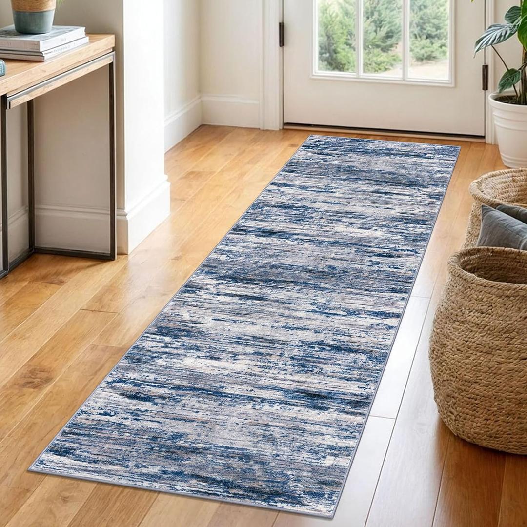 Siiloom 2x6 Modern Abstract Runner Rug for Hallways, Navy Blue Gray Neutral Multi Super Soft Hallway Decor Kitchen Rugs with Non-Slip, Non-Shedding Washable Rug for Entryway Bedroom Indoor