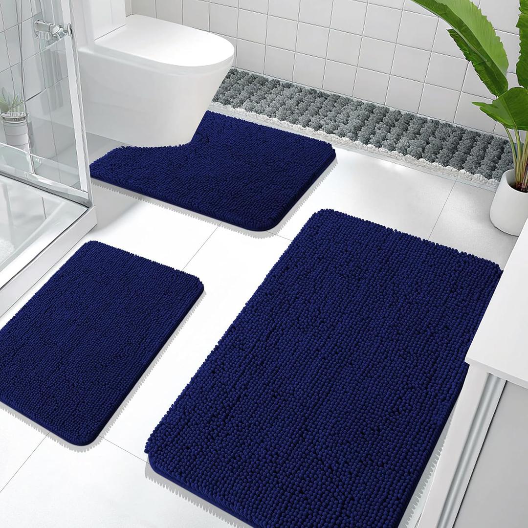 OLANLY Bathroom Rugs Sets 3 Piece, Soft Absorbent Chenille Bath Mats and U-Shaped Contour Toilet Rug, Quick Dry, Home Decor Accessories, Bath Mat Set for Bathroom (36"x24"+24"x16"+24"x20", Navy)