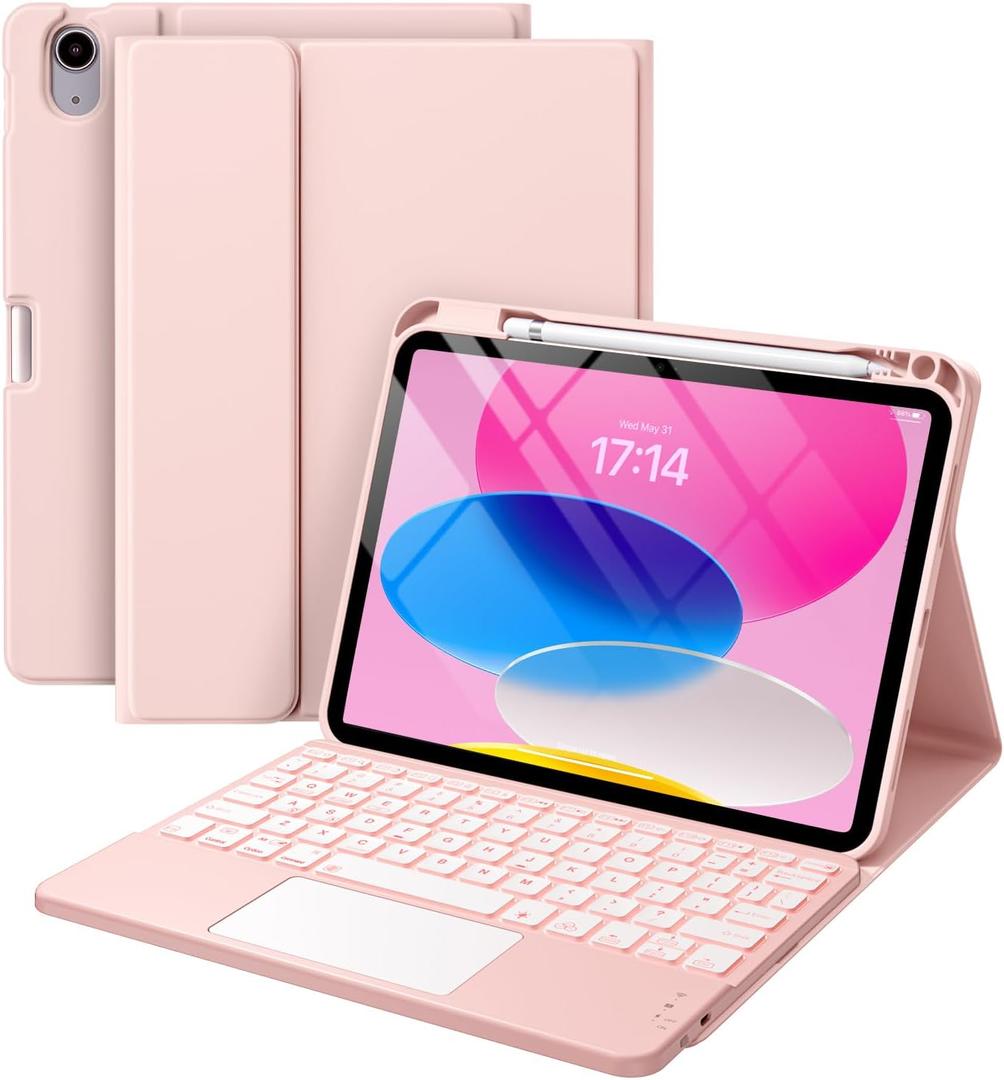 Compatible for iPad 11th 10th Generation Case with Keyboard, Folio Cover with Pencil Holder, Multi-Touch Trackpad, 7 Color Backlit, Detachable Keyboard for iPad (A16) 11th/10th Gen (Light Pink)