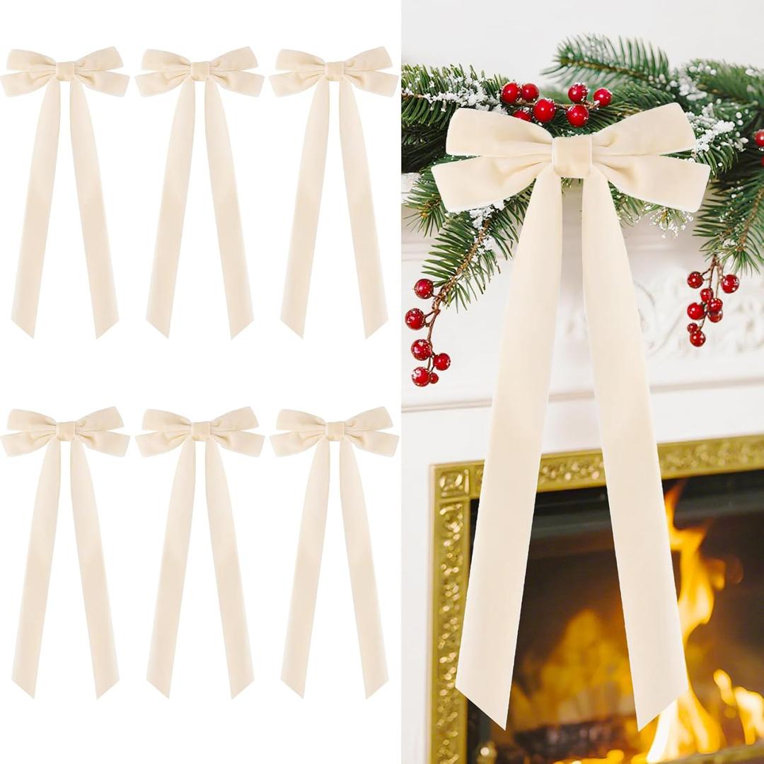 Senjie Velvet Large Christmas Bows for Staircase Garland Wreath, 20in x 8in Vintage Ribbon Bows with Twist Tie for Xmas Tree Holiday Indoor Outdoor Decorations (6Pcs, Beige) (20 x 8 Inch, Width of 1.5")
