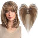 MY-LADY Human Hair Toppers for Women Real Human Hair with Air Bangs Hand-Tied Thin Light Weight 9 * 12CM Lace Base Clip in Remy Hairpieces 11 Inch Medium Brown & Dark Blonde