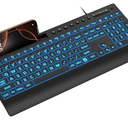 SABLUTE Large Print Wired Backlit Keyboard with Backlight Memory Function, 7-Color Auto-Cycling & Static Single LED, Computer Keyboard with Phone Holder & Wrist Rest, Quiet Crater Keys for PC Laptop