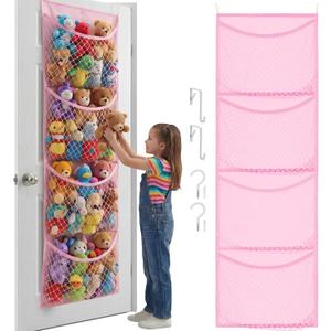 Pink Over The Door Stuffed Animal Storage, Cotton Toy Organizer for Storage Plush Toys,Baby Supplies, Stuffed Animal Holder with 4 Large Pockets, Hanging Door Organizer for Nursery, Bedroom, Kids Room