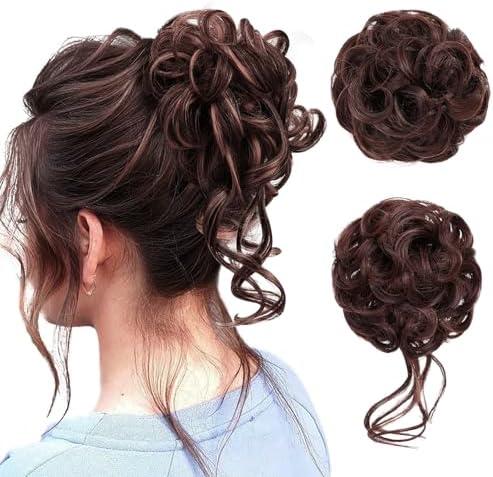 Krfapt 2PCS Messy Bun Piece for Women - Fake Hair Scrunchie & Bun Extensions, No-Slip Elastic Ties for Instant Updo, Wavy Curly Scrunchies for Thin/ Thick Hair (2pcs-Dark Brown)