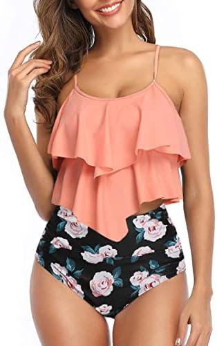 Womens Tankini Swimsuits Ruffled Tank Top Tummy Control Floral Modest Swimwear High Waisted Bikini,XXL Orange