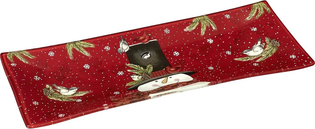 Ne'Qwa Art 7171204 Hand Painted Glass Snowman Snowman Serving Tray, Home is Where You Hang Your Hat, 13.75-inches by 5.25-inches, Red