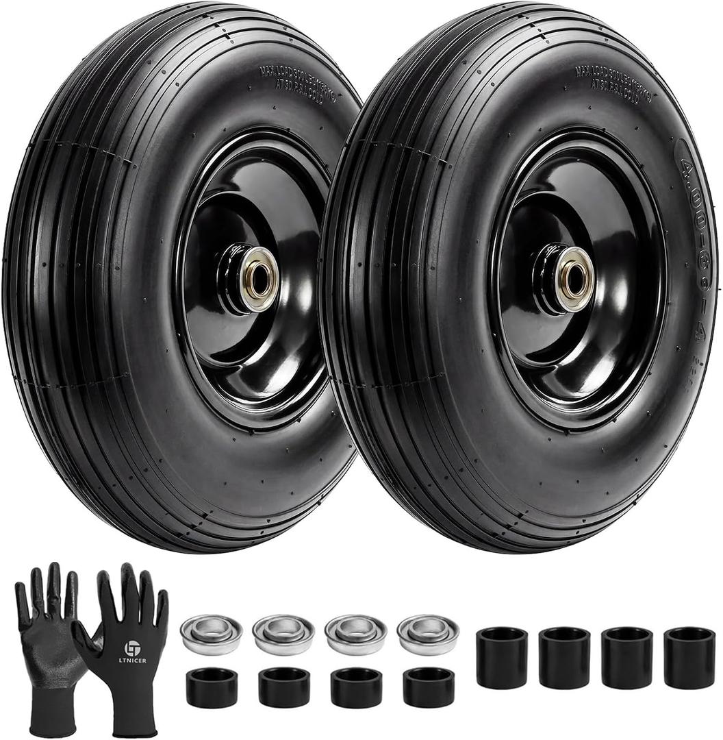 (2-Pack) 4.00-6 Wheelbarrow Tires and Wheels, 13" Pneumatic Tire with 5/8" or 3/4" Bearings, Heavy Duty Replacement Wheel for Wheelbarrow, Garden Cart, Hand Truck