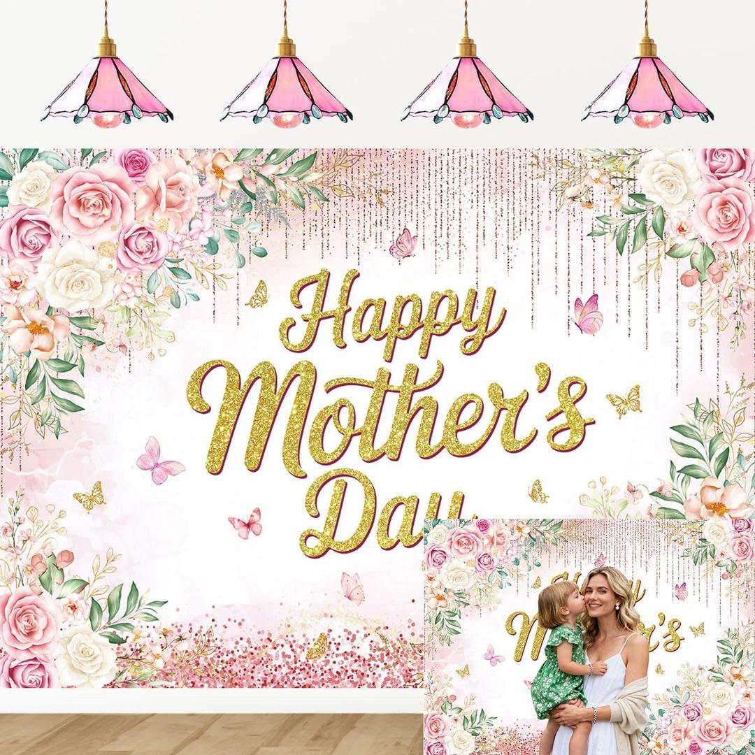 Happy Mother's Day Backdrop Pink Flower Mother's Day Party Decorations I Love You Mom Background Mothers Day Birthday Photography Banner Photo Studio Props (7X5FT)