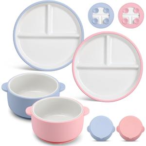 Domensi 4 Pcs Porcelain Kids Plates and Bowls Sets with Suction, 2 Ceramic Toddler Divided Plates 2 Baby Anti Slip Silicone Sleeve Bowls for Feeding Supplies Microwave Dishwasher Safe (Blue,Pink)