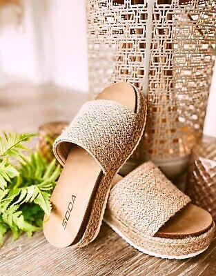 Soda Women Flip Flops Slides Slip-On Sandals Peep Toe Single Band BOARD Raffia 7.5