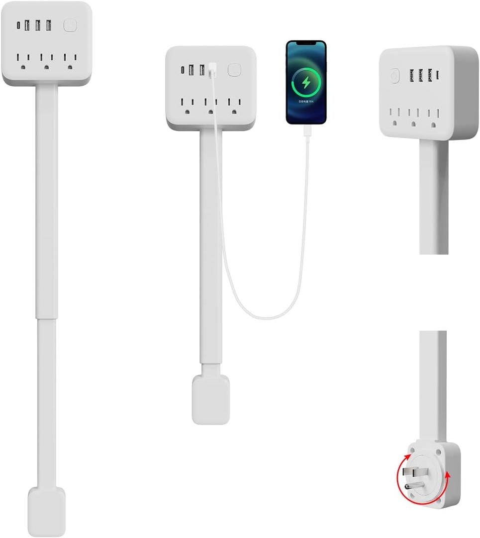 Electrical Outlet Extender Stick, 18"-28" Extendable Power Strip with 180 Rotating Plug, 2 USB-A, 1 USB-C, 3 AC Outlets, Wall Plug Extender for Behind Couch, Sofa, Nightstand