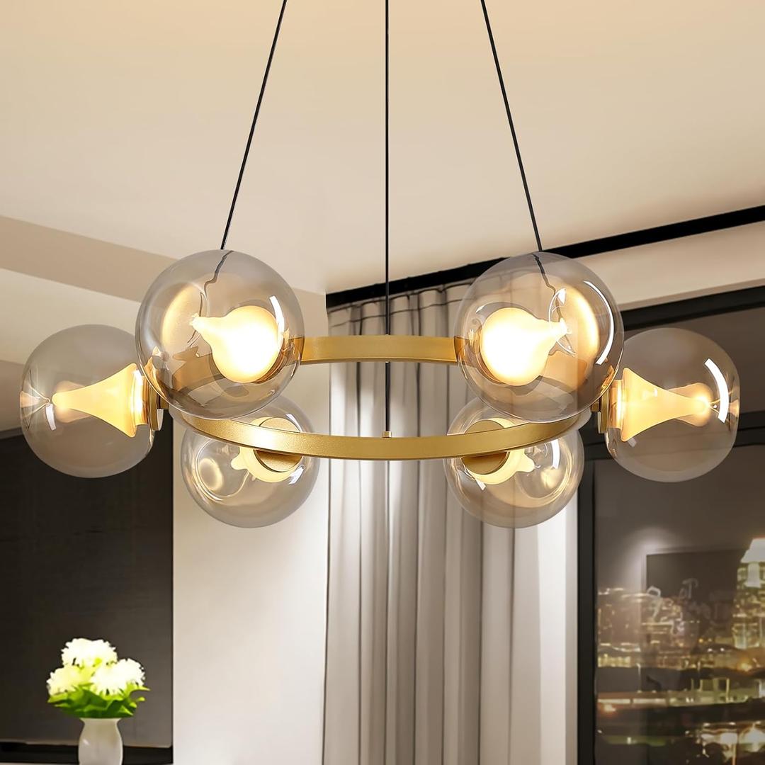 Mid-Century Globe Chandeliers Modern LED Dimmable Hanging Pendant Lighting 6-Light Round Glass Chandelier Light Fixture for Dining Room Living Room Bedroom D23.6, 23.6" dia.