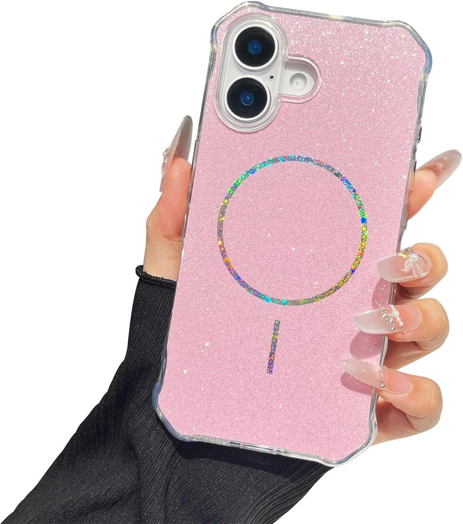 TEECOVER for iPhone 16 Case 6.1-Inch, [Clear Wavy Border][Sparkly Glitters][Fit for MagSafe] Shockproof Cute Slim Fit Magnetic Phone Case for Women & Girls - Pink
