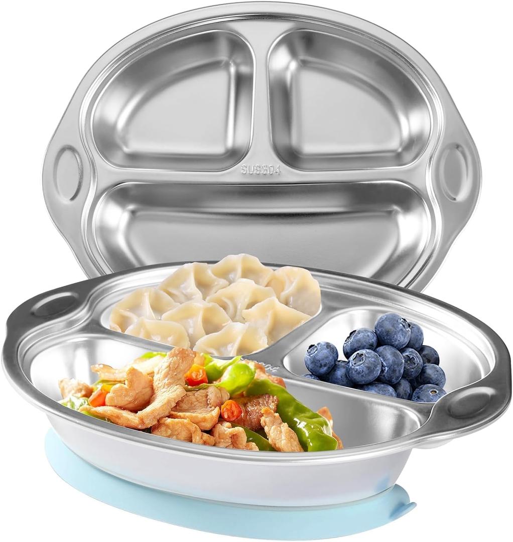 Mrs. Chou BPA-Free 100% Food-Grade Stainless Steel Baby Plates with Suction Divided Designed for Babies and Toddlers, Ideal for Kids Infant Baby-Led Weaning Toddler Feeding Supplies Dishwasher Safe (Blue)