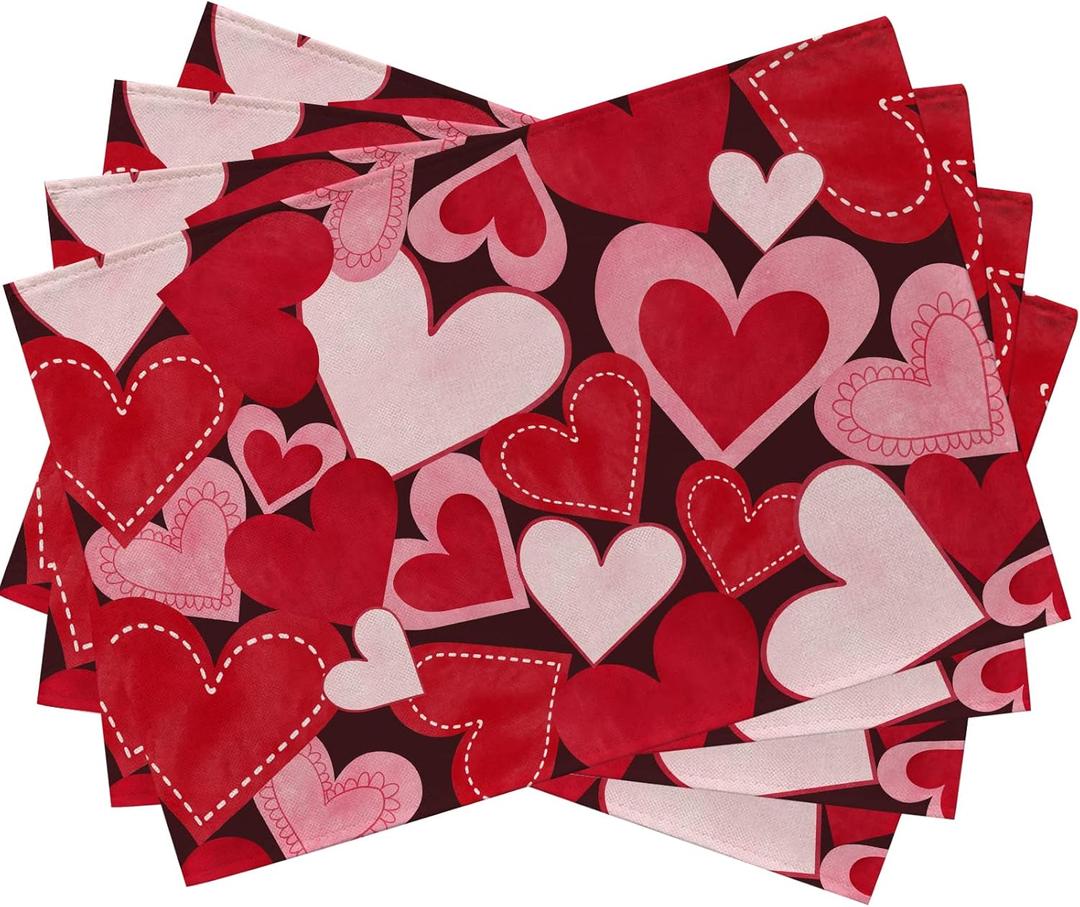 Seliem Red Pink Love Hearts Placemats Set of 4, Happy Valentine's Day White Farmhouse Dining Table Place Mats Home Kitchen Decor, Vintage Wedding Anniversary Holiday Decoration 12 x 18 Inch