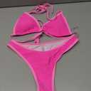 SUUKSESS Women Sexy Thong String 2 Piece Bikini Set Cheeky Halter Swimsuit (71 Pink Color Block)