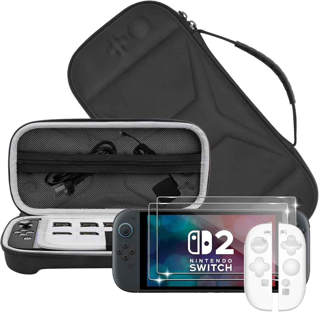 Carrying Case for Nintendo/NS Switch 2 for (2025) Storage Case Cover,Black Hard Shell Portable Handbag with 2 Pack Tempered Films and a Transparent Silicone Handle 3 in 1