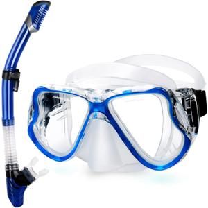 Greatever Dry Snorkel Set,Panoramic Wide View Anti-Fog Scuba Diving Mask,Professional Snorkeling Gear for Adults Kids (Large, Blue)