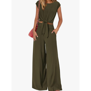 PRETTYGARDEN Women 2 Piece Lounge Sets 2026 Casual Summer Outfits Cap Sleeve Strappy Crop Tops Wide Leg Pant Tracksuit, L