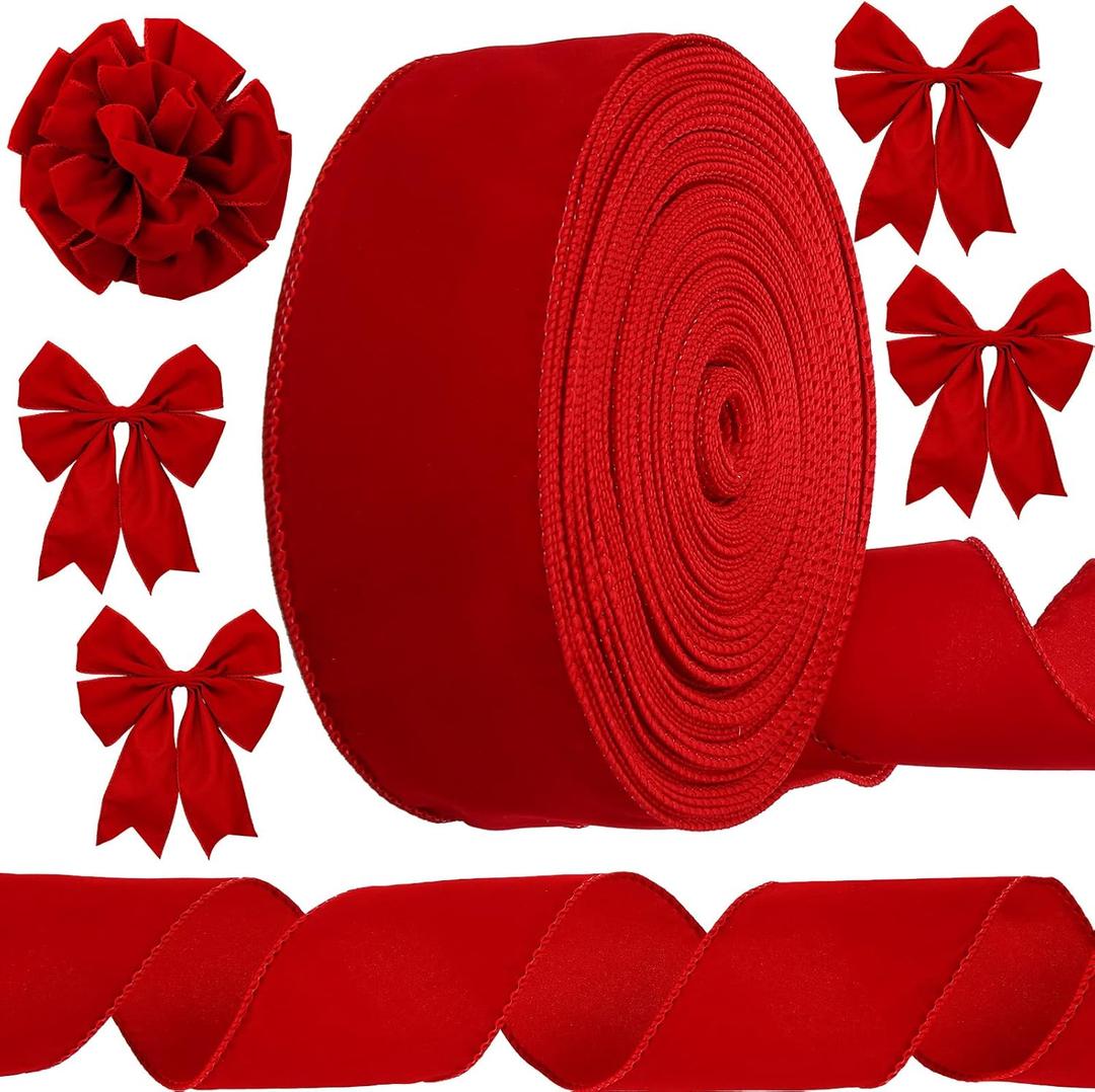 Syhood Christmas Wired Velvet Ribbon with Gold Edge Waterproof Velvet Decoration Ribbon Wrapping for Xmas Wreath Bows Floral Craft Ornaments(2.5 Inch X 40 Yard,Scarlet)