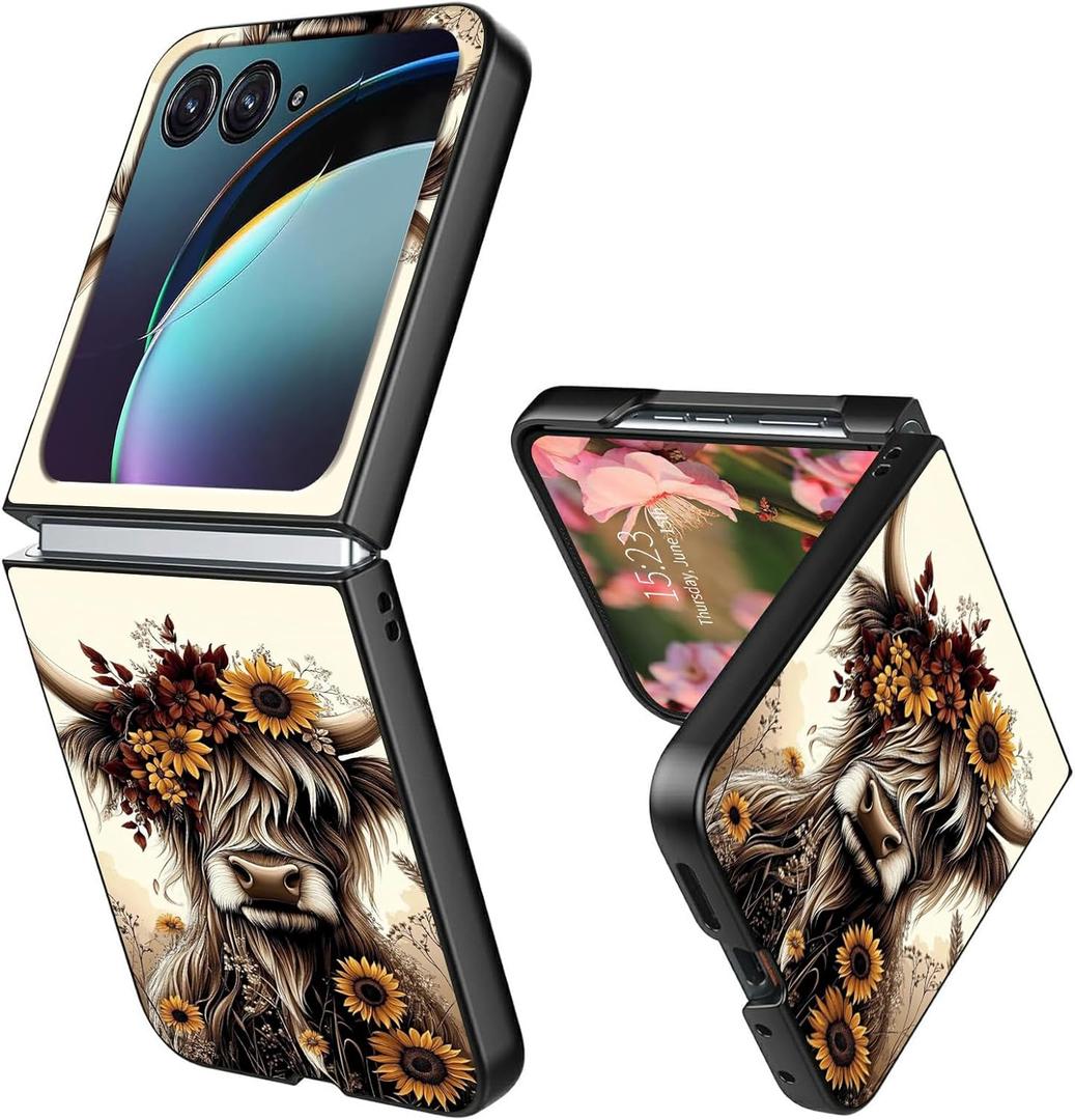 Slim Fit for Motorola Razr Plus 2025/2024 Case,[Hard PC Back][Wireless Charging Support] Anti-Scratch Shookproof Protective Cover for Moto Razr 50 Ultra,Sunflower Highland Cow