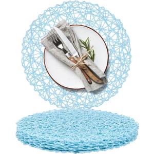 AHHFSMEI Paper Braided Round Placemats Set of 6 Natural Non-Slip Heat Resistant Table Mats for Dining Tables Woven Indoor Outdoor Place mats(Light Blue)