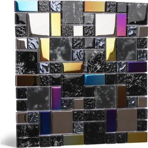 5-Sheet Glass Backsplash Tiles, 5 Square Feet Glass Mosaic Backsplash Subway Metal Tile for Kitchen Wall Bathroom (Black) 11.7" x 11.7"