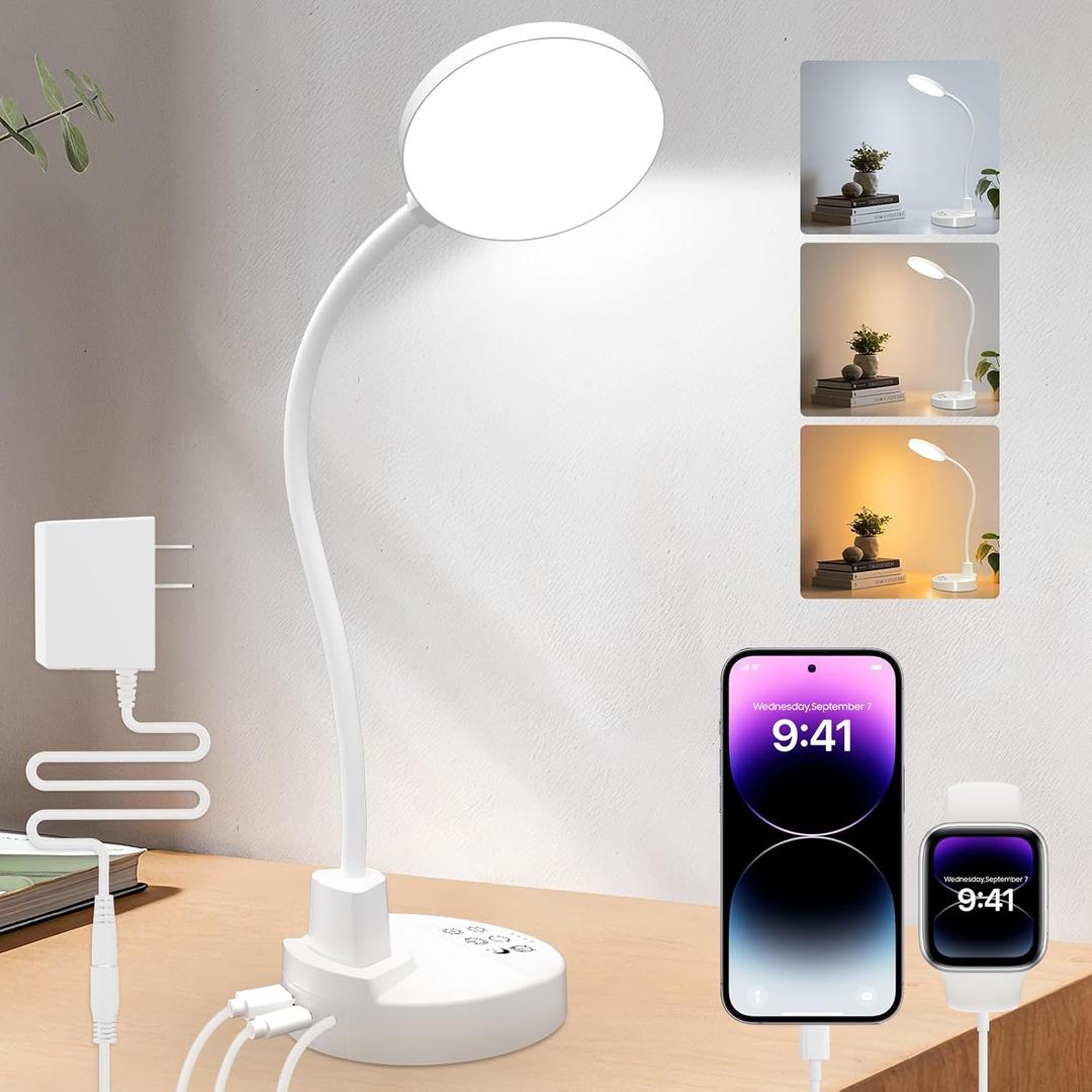 15W LED Desk Lamp with USB Charging Ports  Dimmable Table Lamp with 3 Color Temps, 5 Brightness, 4 Timers, Flexible Gooseneck Light with Base, Eye-Caring Reading Light for Home Office, Bedroom, Study (White)