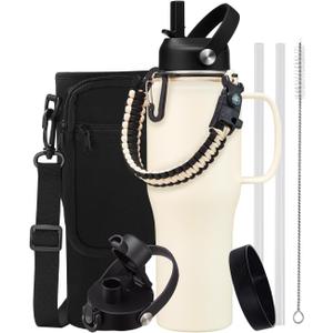 32oz 40oz Insulated Water Bottle with Handle, Leakproof Straw Lid, Pop-up Chug Lid, Paracord Handle and Storage Carrier Bag, Keep Cold 48h & Hot 24h, Slim Travel Tumbler Fit in Car Cup Holder (Creamy White)