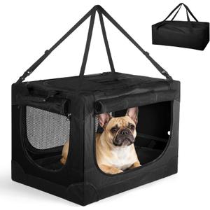 Soft Small Dog Crate - 24 inch Portable Travel Puppy Crate for Small Pets or 2 Cats, Collapsible Pet Carrier with 4 Mesh Doors, Car Kennel for Dogs with Handle for Indoor and Outdoor, Black