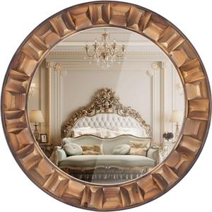 36 Inch Large Round Solid Wood Wall Mirror - Rustic Farmhouse Dark Brown Wooden Circle Mirror for Bathroom, Living Room, Entryway & Wall Decor